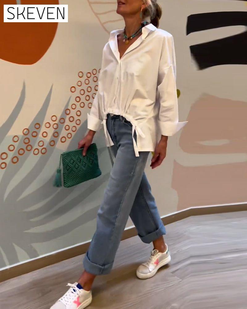 Commuting solid color lapel top Blouses & Shirts Cotton and Linen Spring