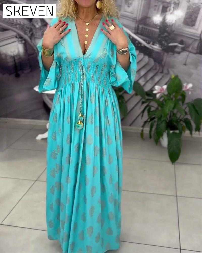 Loose Holiday Print Waist Maxi Dress