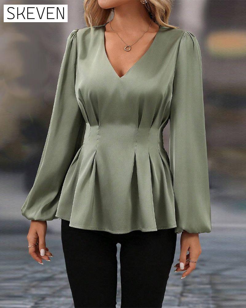 V-neck Puff Sleeve Waist Blouse