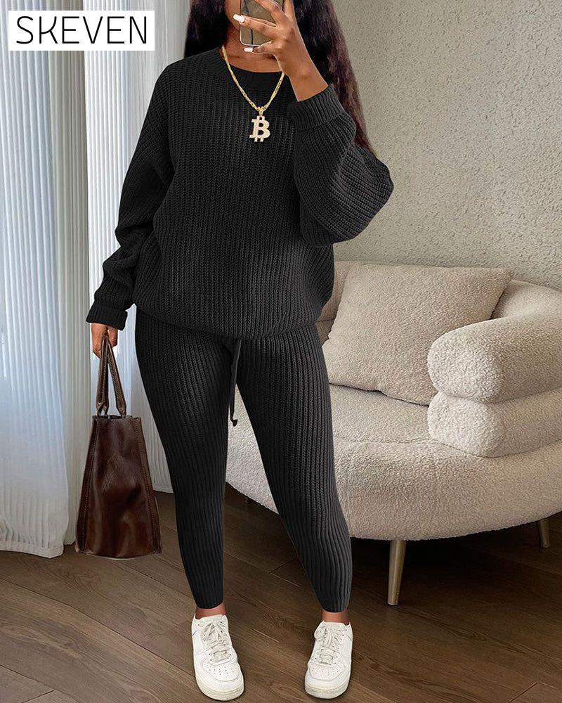 Round neck solid color casual two-piece set