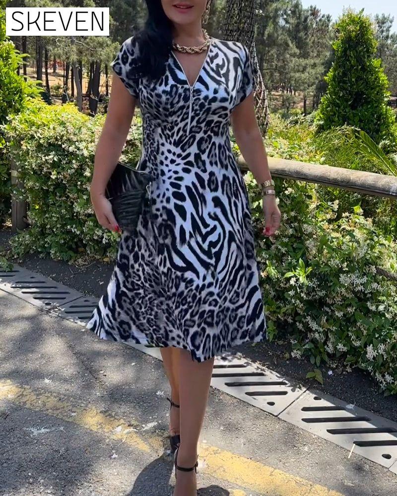 V-Neck Zip-Up Leopard Print Dress
