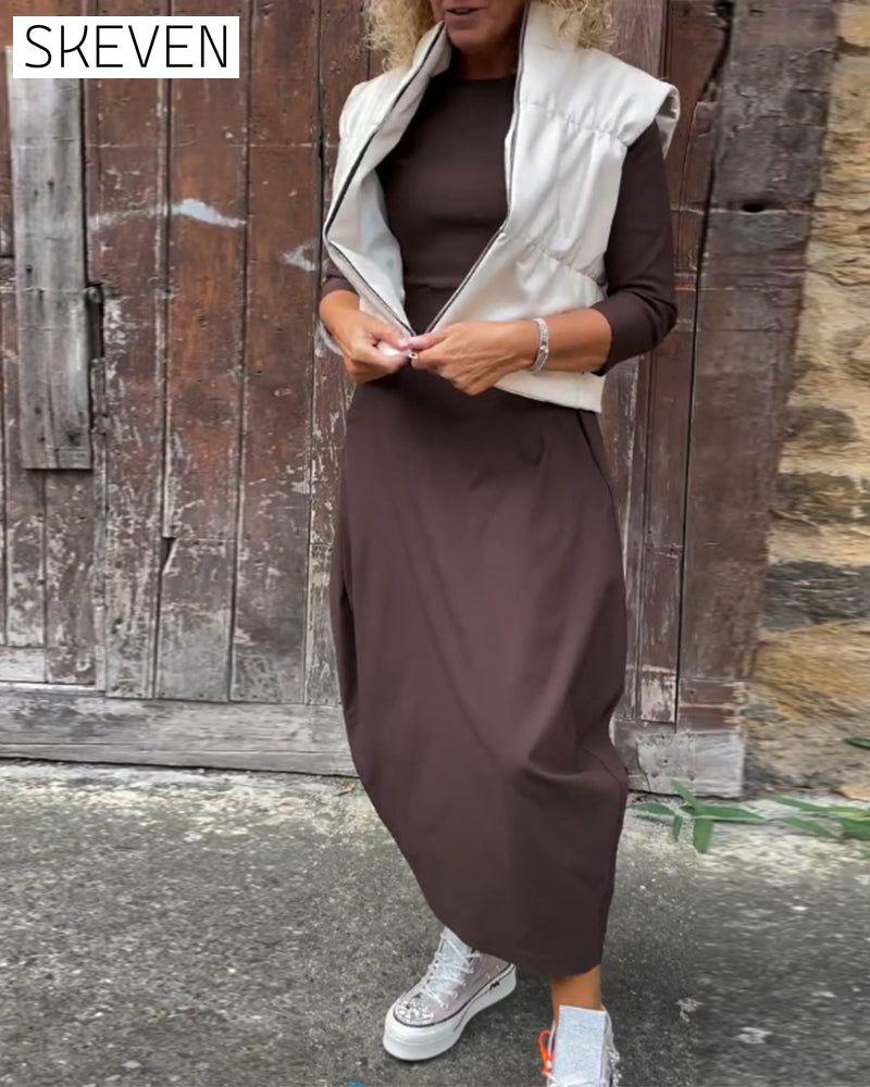 Simple solid color pocket long sleeve elegant dress