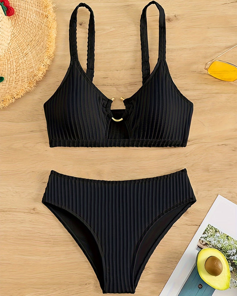 Solid-Color Cutout Two-Piece Bikini