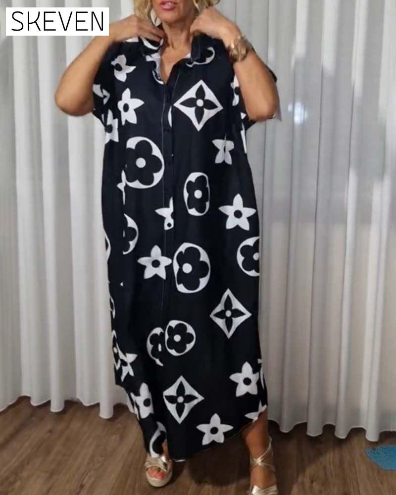Contrast print lapel button casual dress