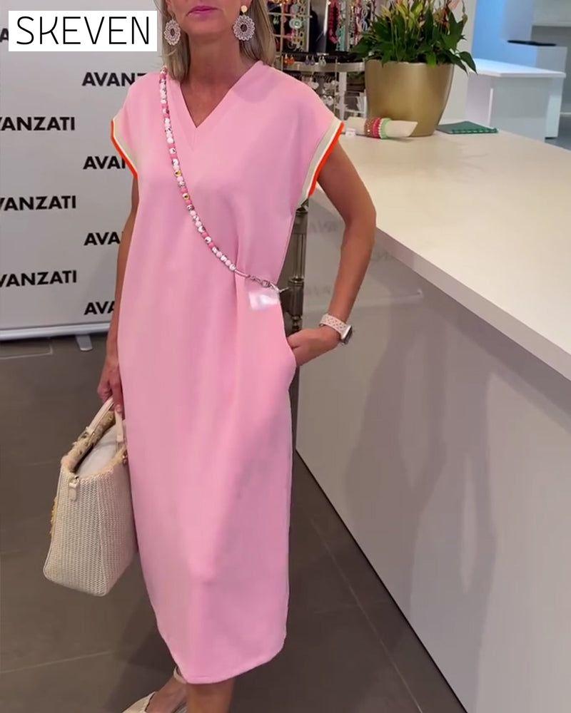 Robe décontractée fendue à manches en V et col en V, manches en feuille de lotus