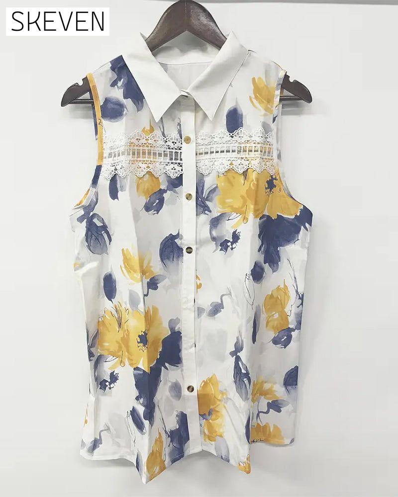 Ärmelloses Tanktop mit Reverskragen, Print und Cut-Out-Ausschnitt