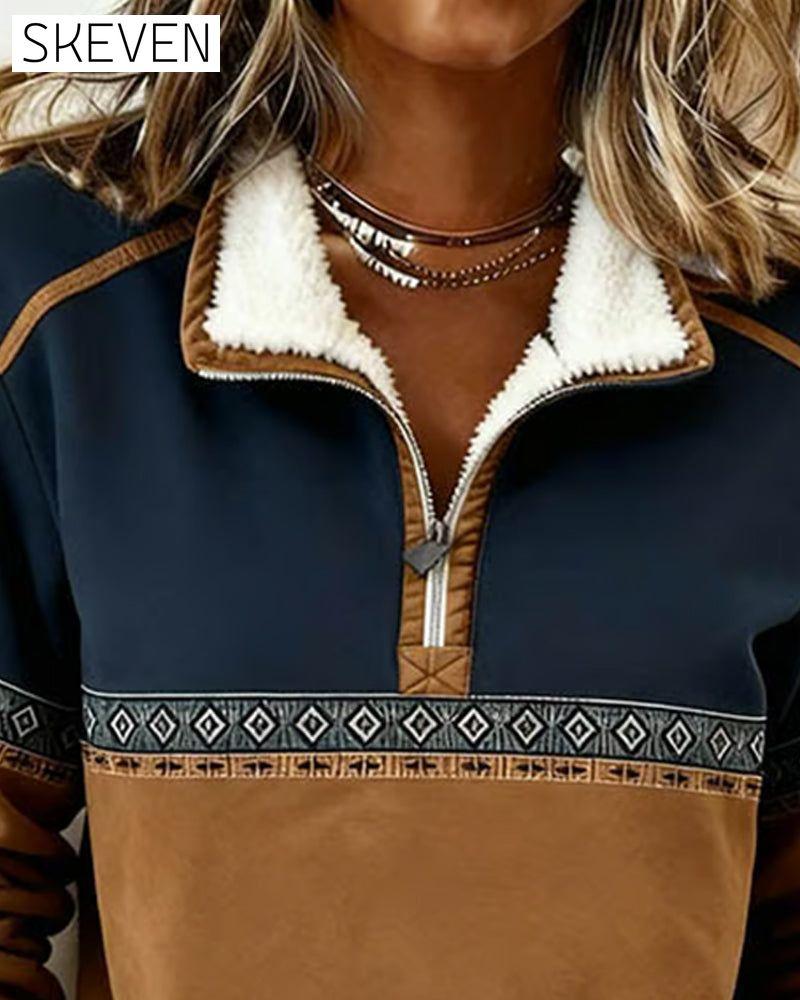 Retro-Sweatshirt mit farblich abgesetztem Pelzkragen