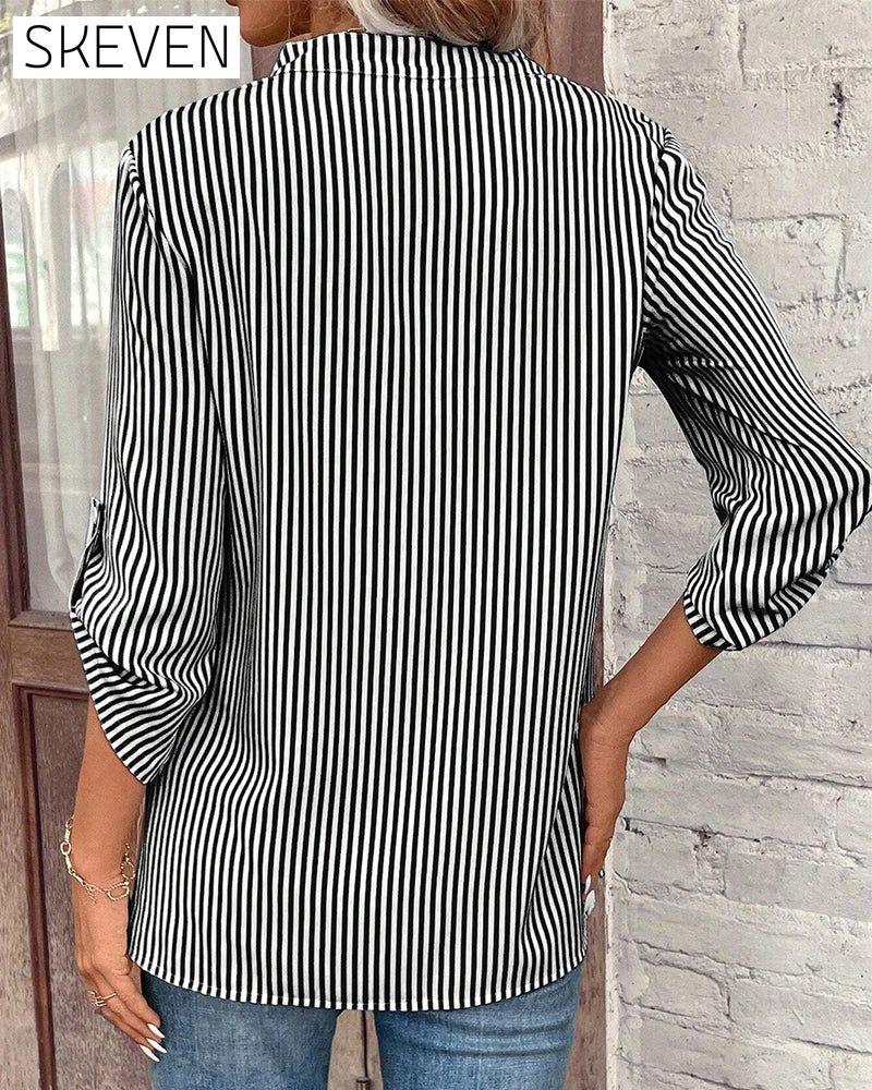 V-neck striped print casual blouse