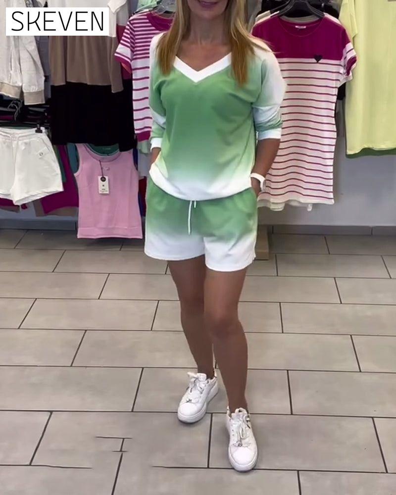 Long-Sleeved V-Neck Gradient Sports Set