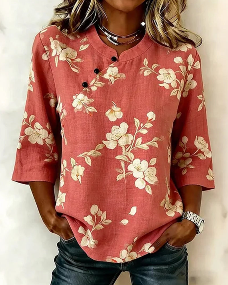 Flower Print Side Button 3/4 Sleeve Blouse
