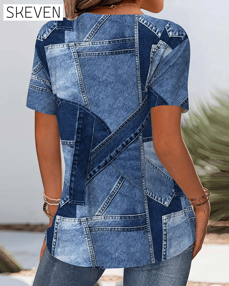 Vintage-Denimbluse mit Kontrastausschnitt