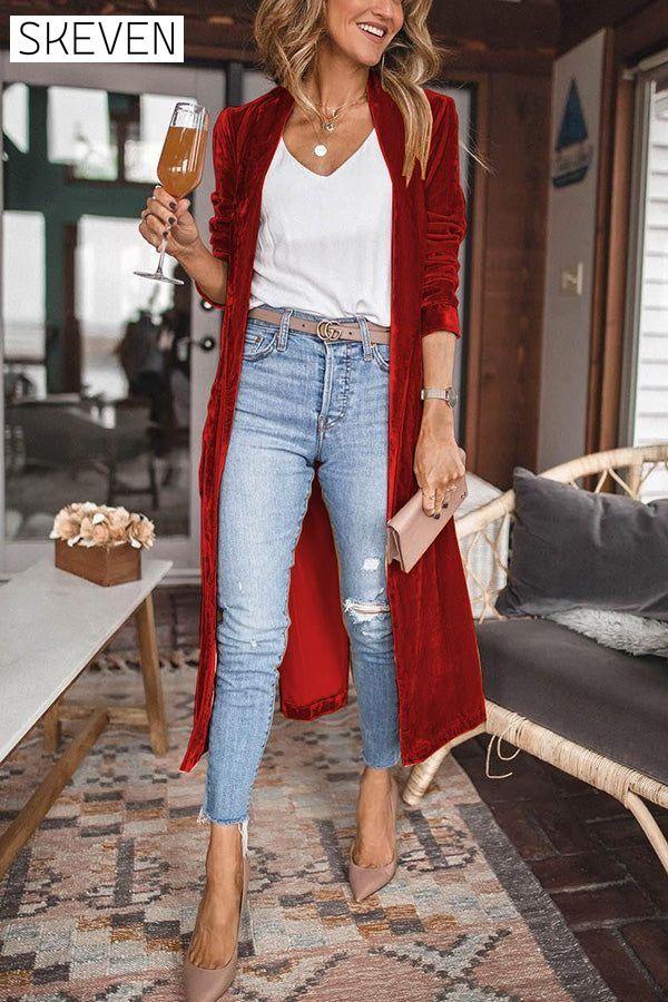 Cheering My Way Velvet Kimono Coat 2021-11-1 Coats & Jackets soild Velvet within 24hours