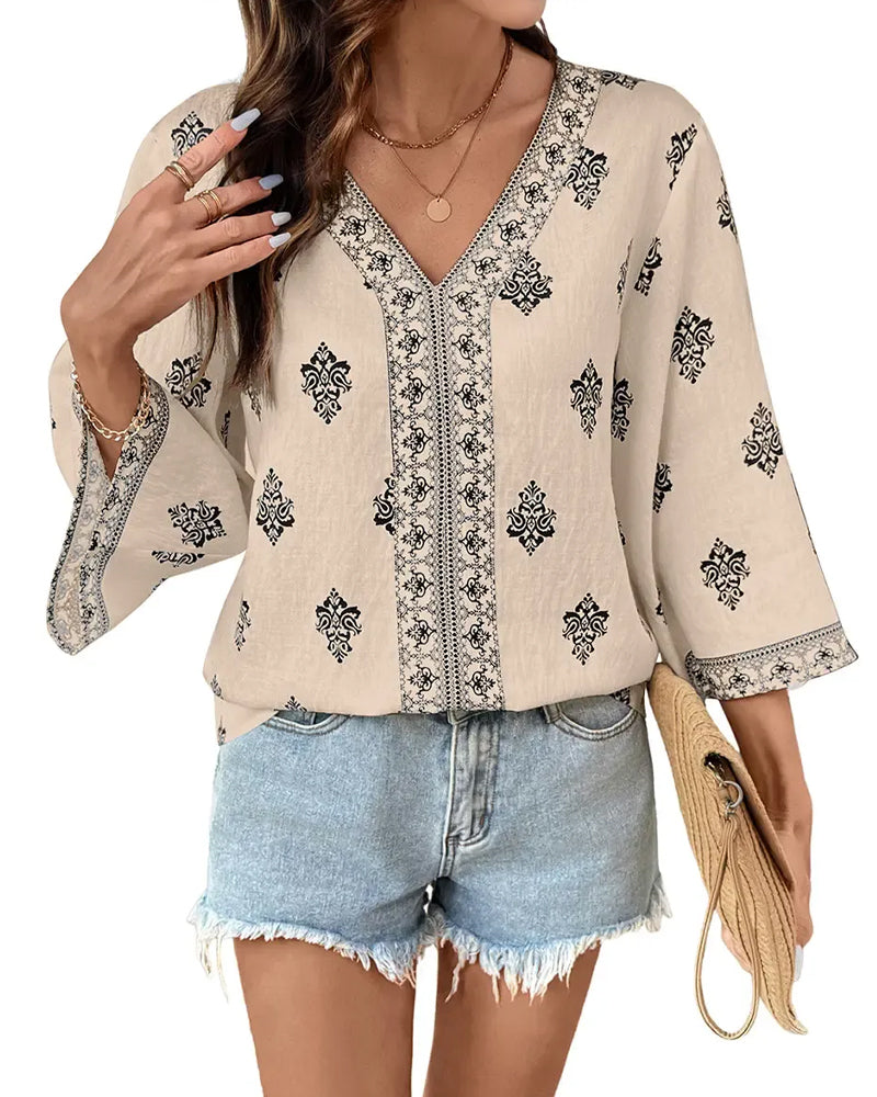 V-Neck Ethnic Loose Blouse