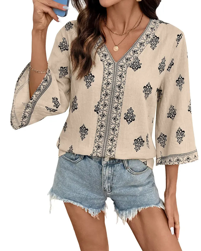 V-Neck Ethnic Loose Blouse