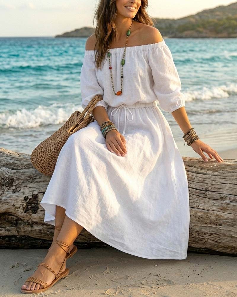 Off-Shoulder Lace-Up Waist Dress