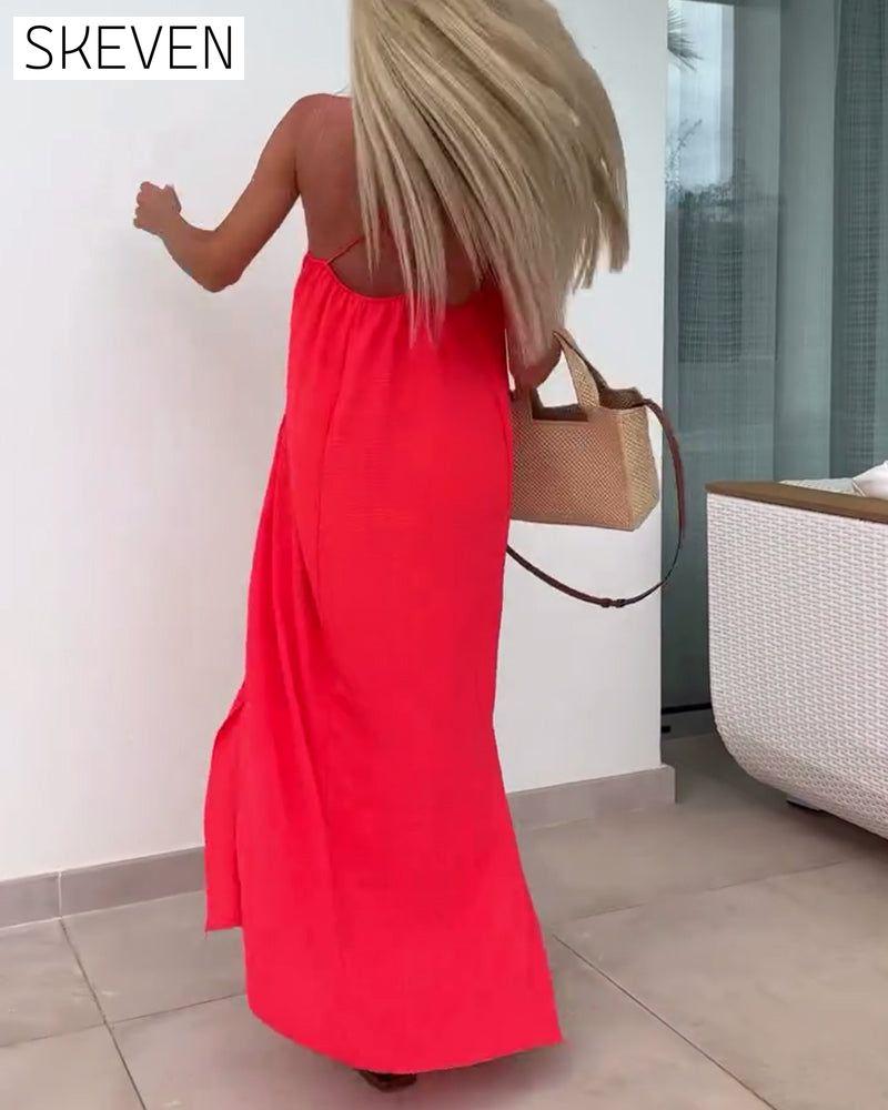 Ärmelloses, trägerloses, einfarbiges Kleid mit Schlitz