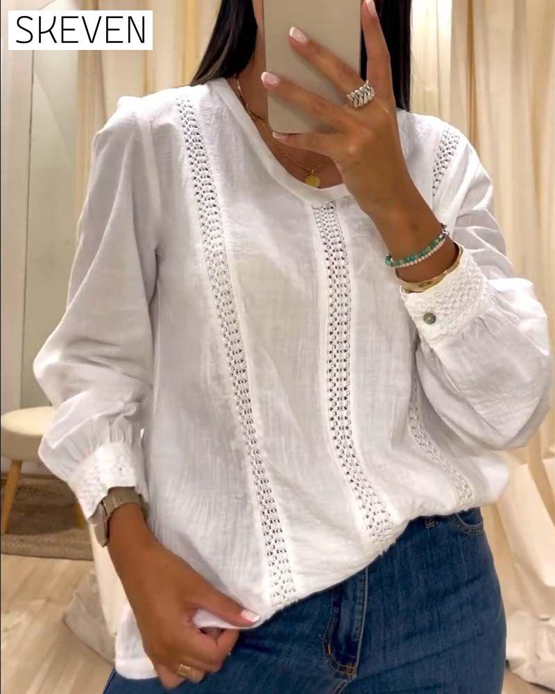 Modisches Langarm-Top mit Rundhalsausschnitt aus Spitze