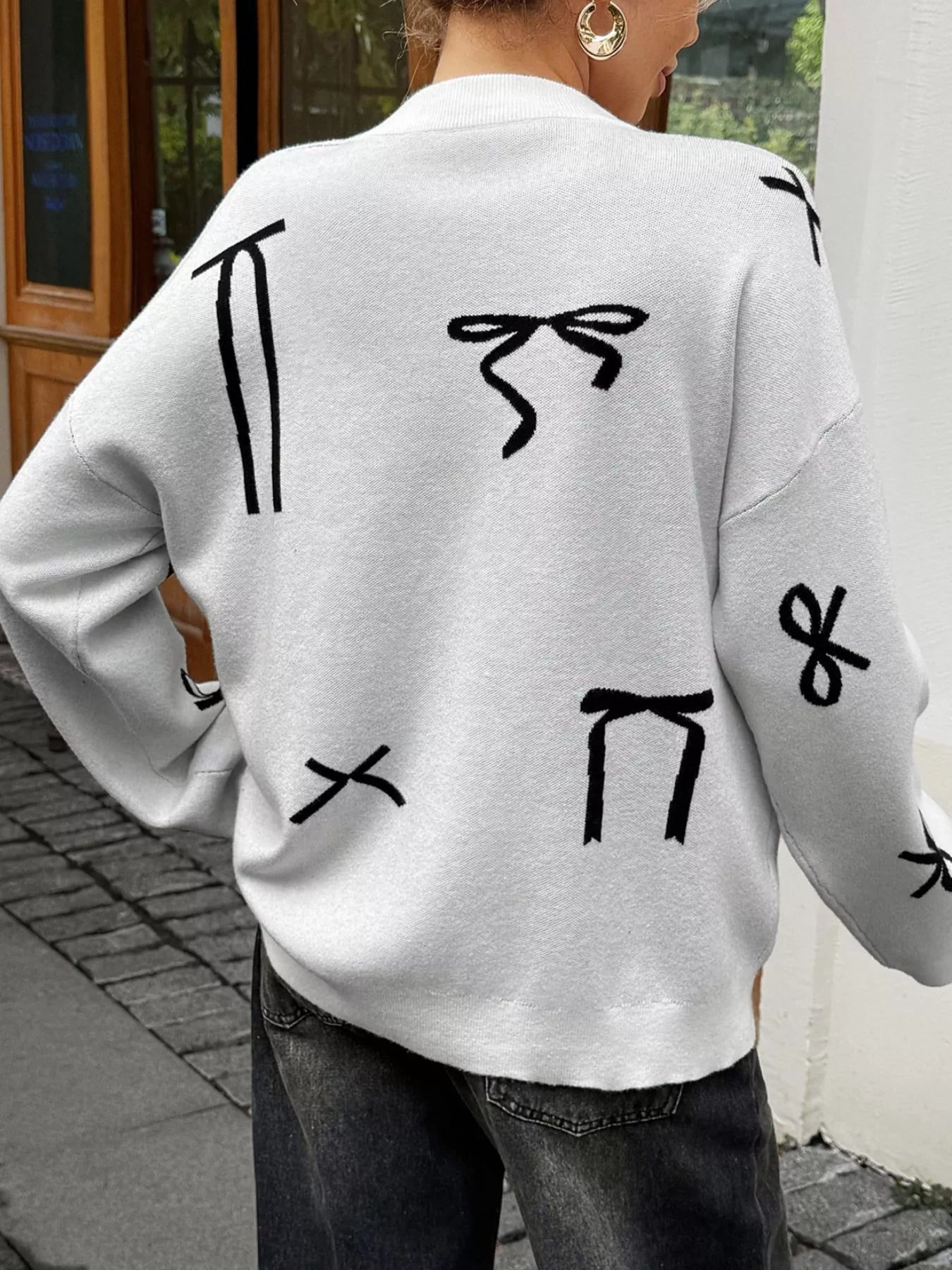Bow Round Neck Dropped Shoulder Sweater