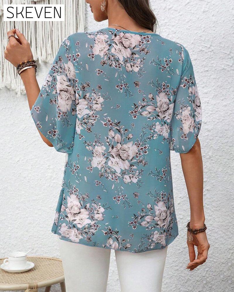 Bluse mit Blütenblattärmeln, V-Ausschnitt und Print