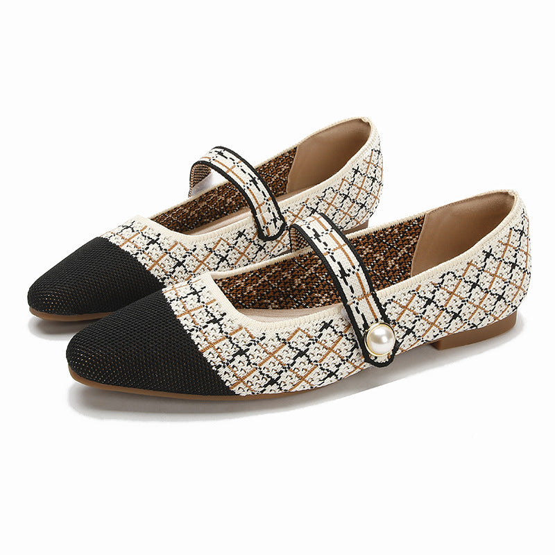 Mary Jane Japanese-style Womens Knit Ballet Flats With A Single Strap And A Square Toe