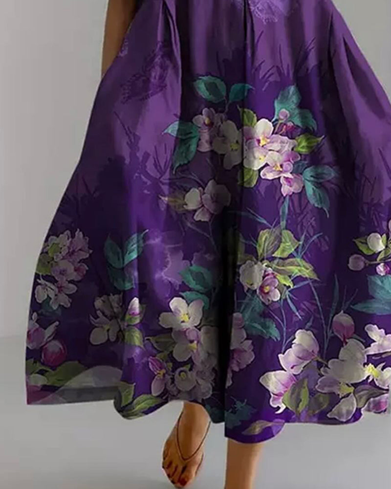 Crew Neck Purple Floral Dress