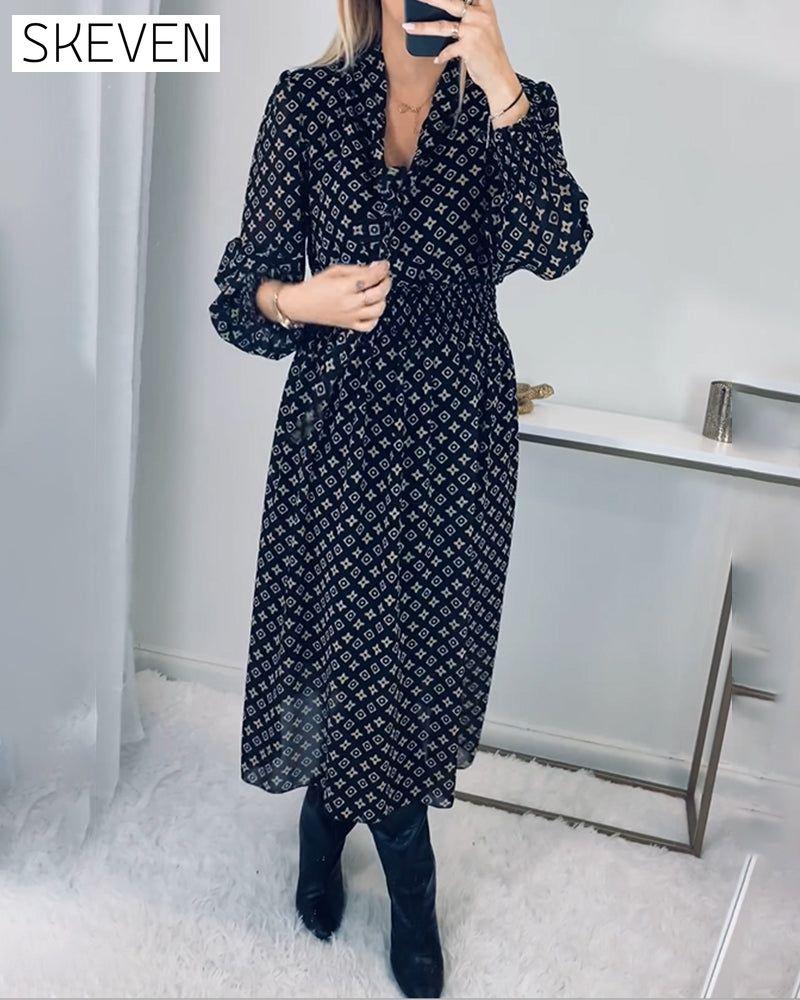 Printed long-sleeved waist dress