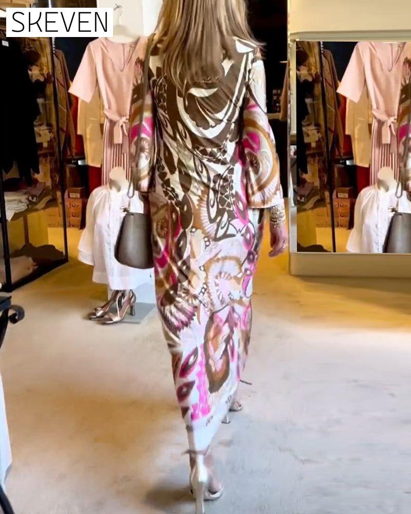 Lässiges langes Kleid mit V-Ausschnitt und Print