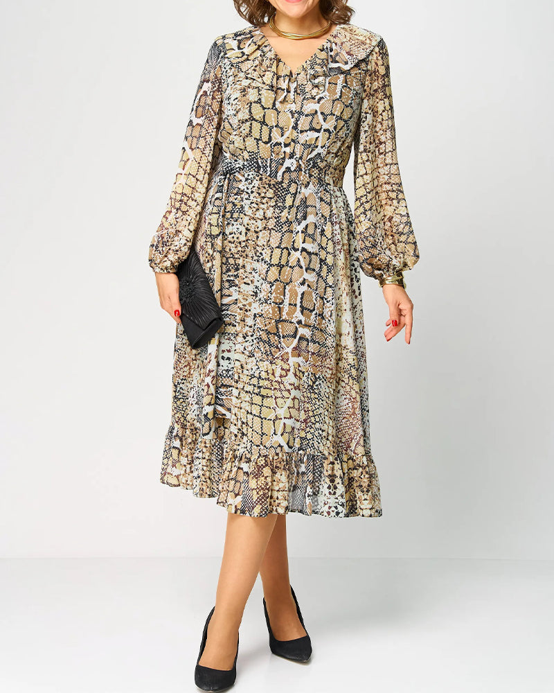 Flounce-Collar Lantern-Sleeve Printed Dress