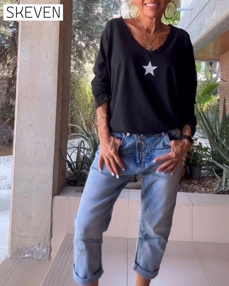 V-Neck Star Printed Top