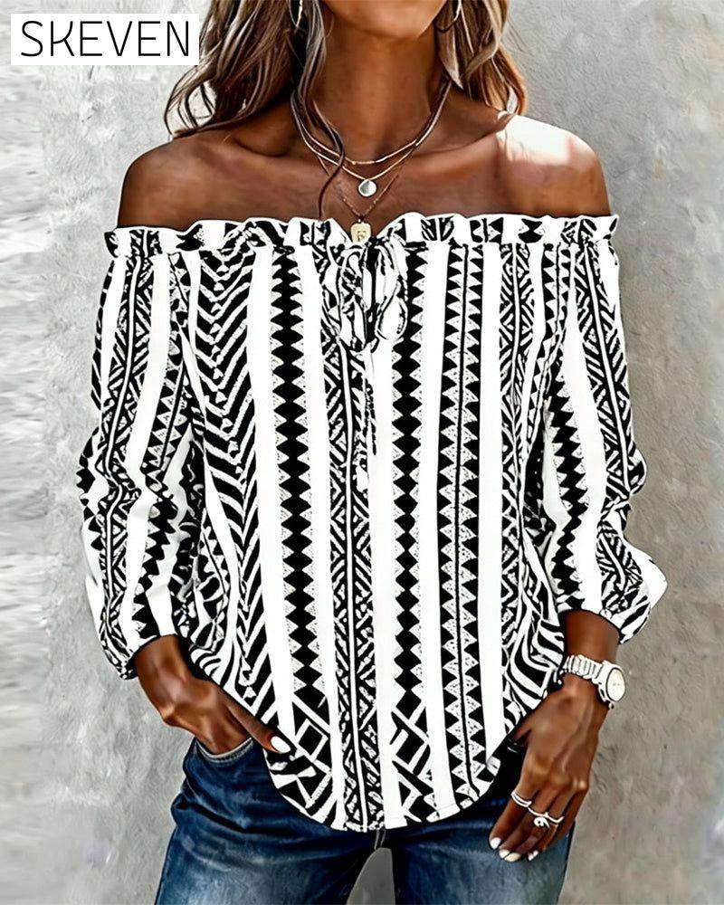 Schulterfreie Bluse mit Bindebändern und Print