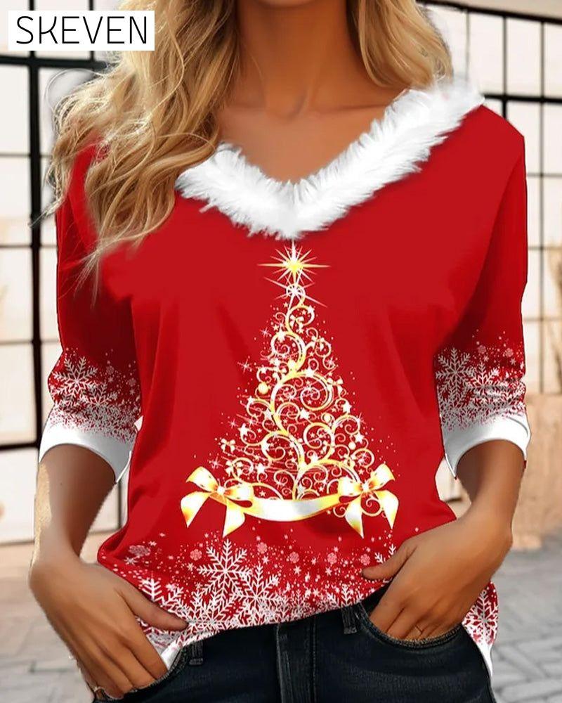 Plüschtop mit V-Ausschnitt und Weihnachtsbaum-Print