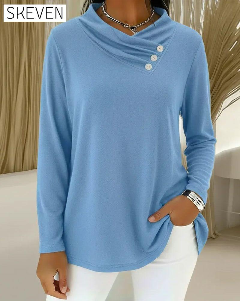 Three-Button Long-Sleeved Solid Color Top