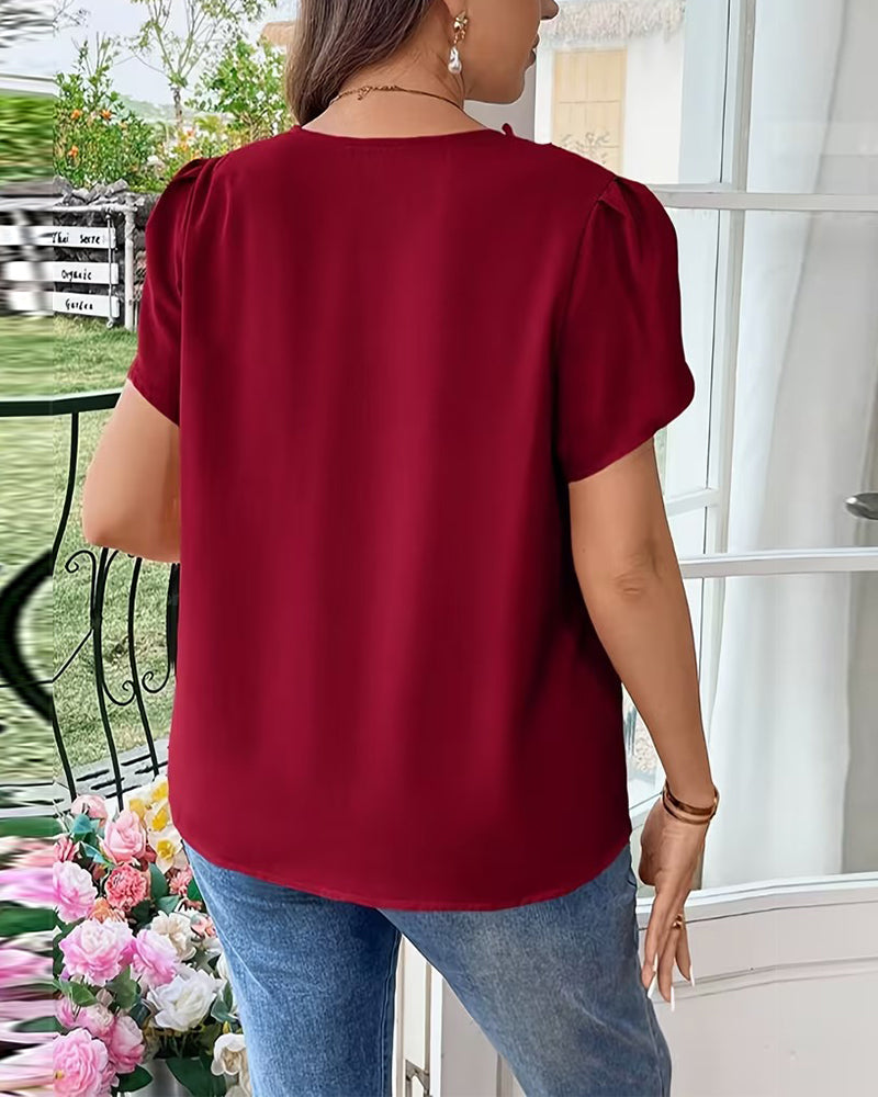 V-Neck Solid Color Puff Sleeve Blouse