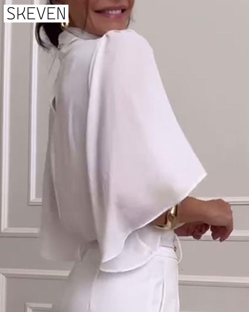 Solid color high collar  butterfly sleeve blouse