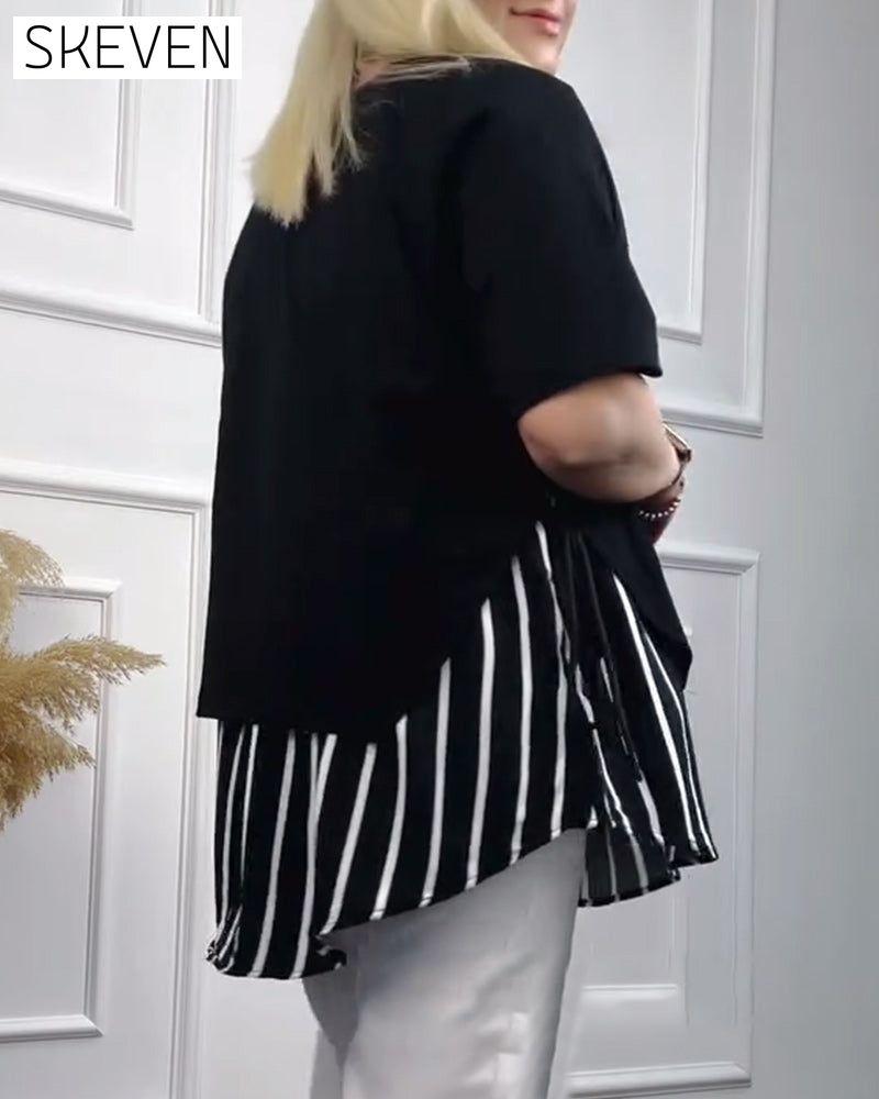 Casual striped print patchwork short-sleeve top 202466 blouses & shirts summer