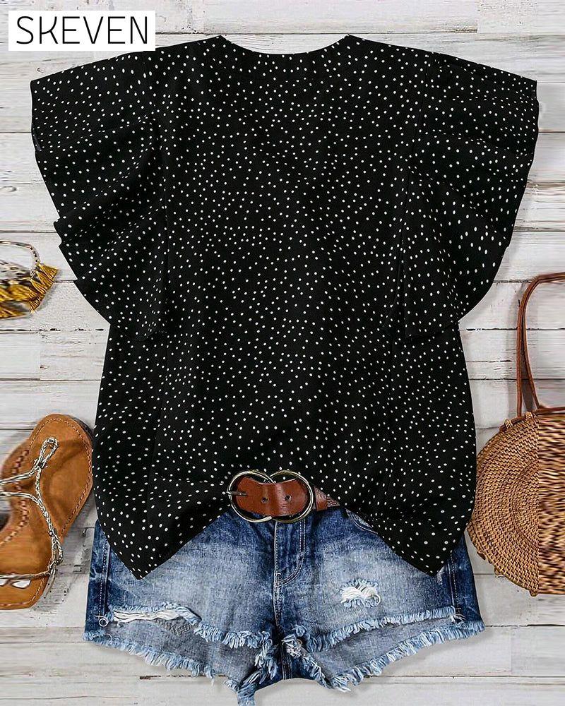 Bluse mit Rüschenärmeln, V-Ausschnitt und Polka-Dots