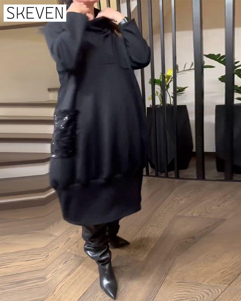 Paillettenbesetztes Sweatshirtkleid mit hohem Kragen und Taschen in Übergröße (Plus Size)
