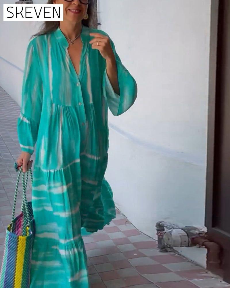 Casual V-neck flare sleeve loose long dress