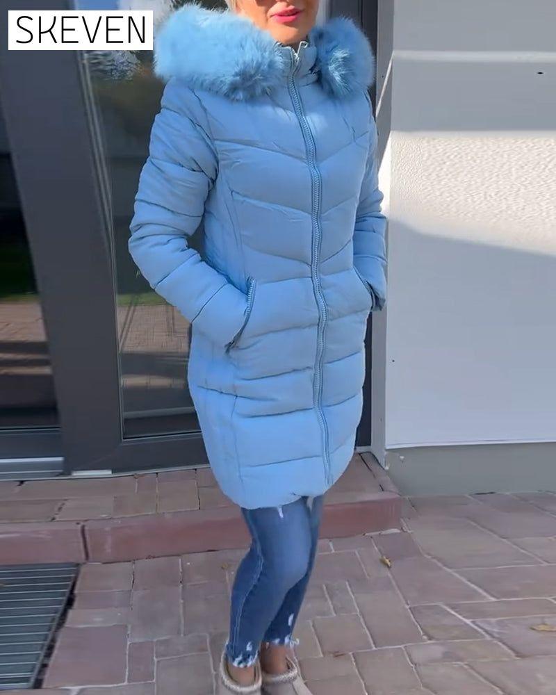 Casual solid color zipper pocket hooded padded jacket
