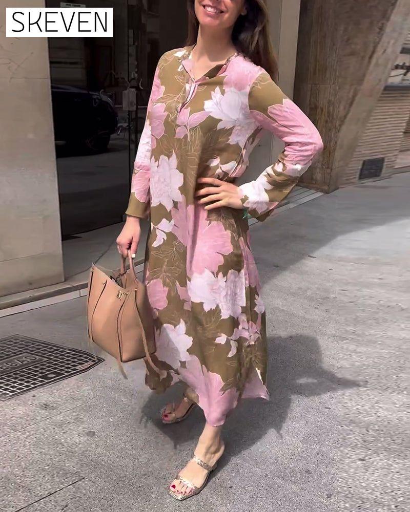 Casual floral print long sleeve slit maxi dress