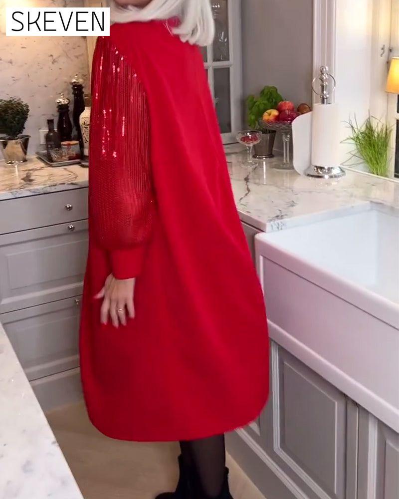 Fashionable solid color sequin patchwork long-sleeve dress