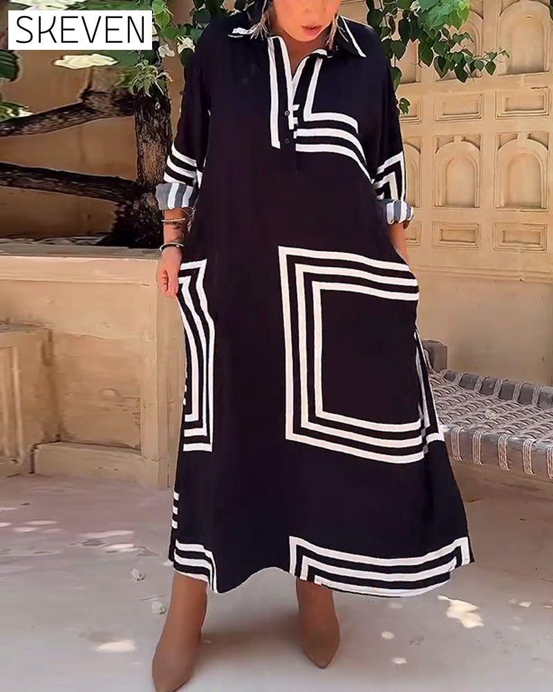 Lapel rectangular printed casual dress