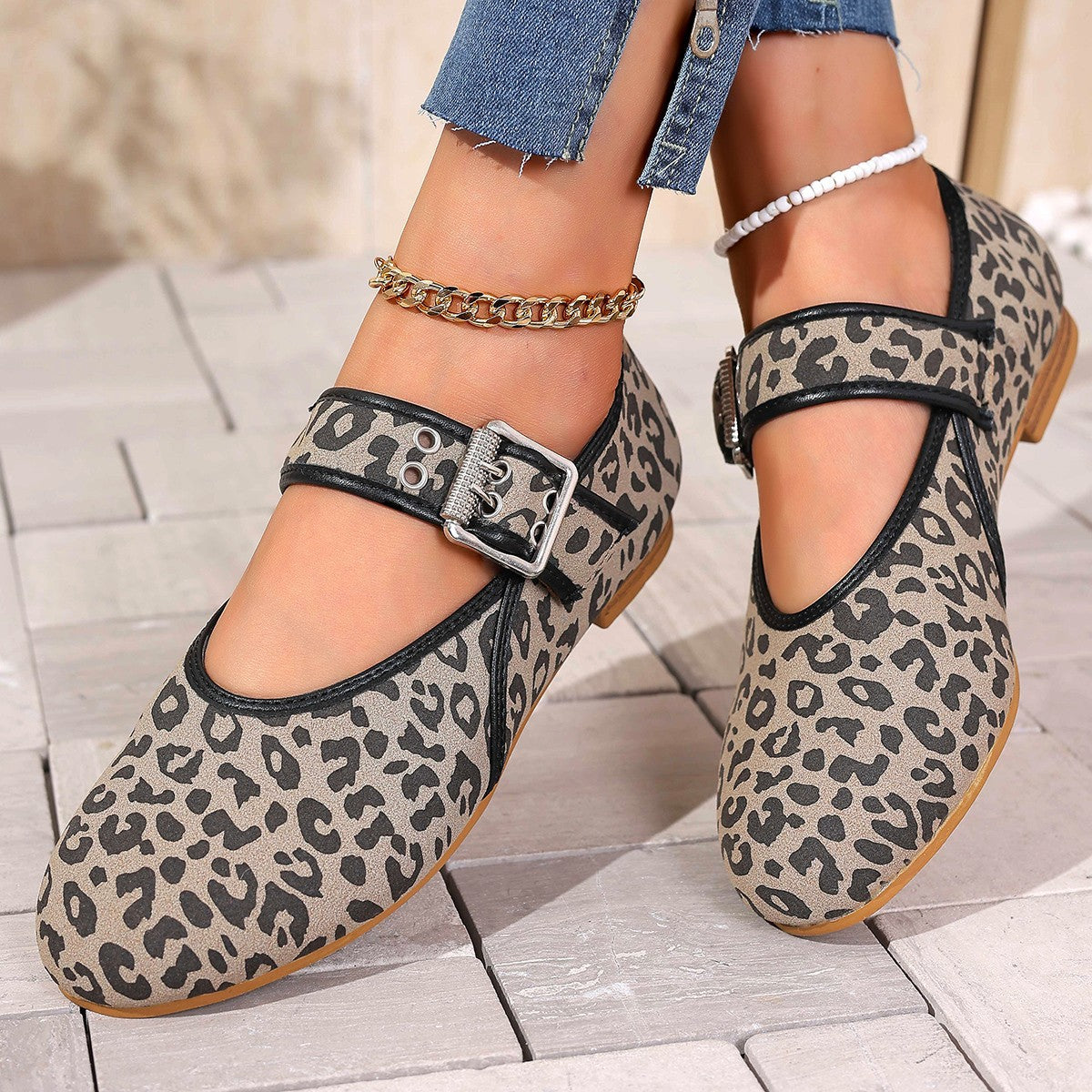 Mary Jane Leopard-print Belt Buckle Round-toe Sling-back Flats