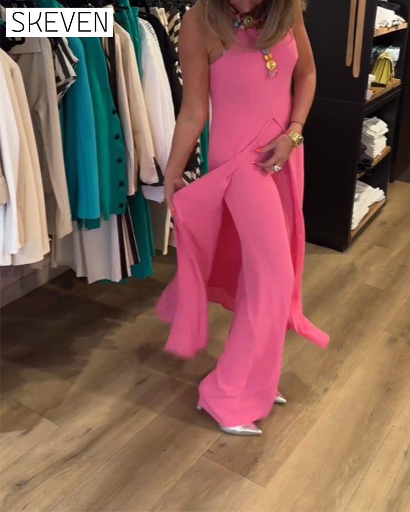 Halter neck slit solid color two piece set
