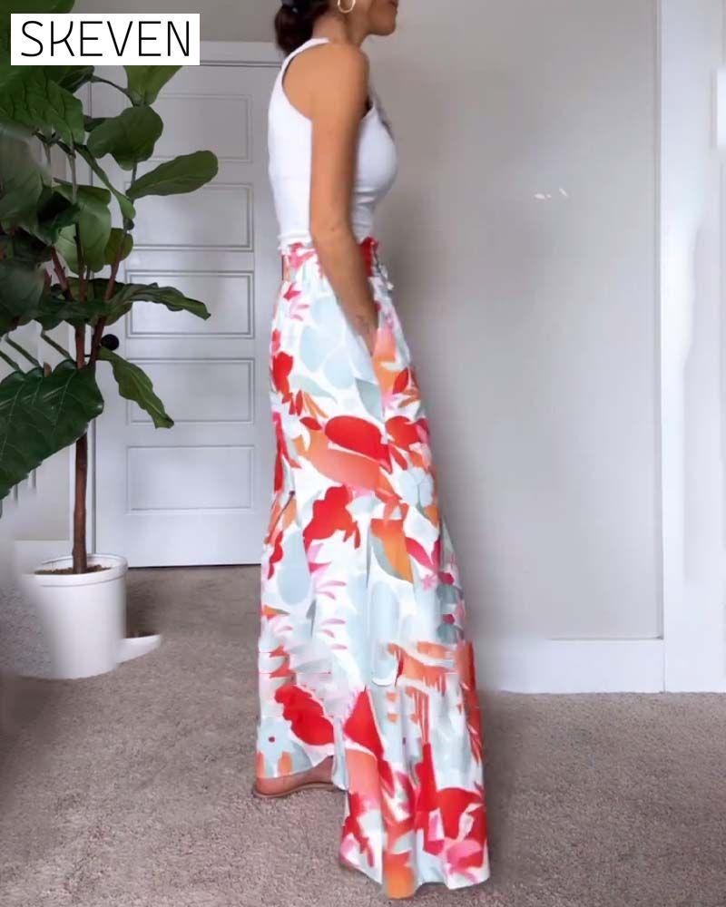 Leaf print drawstring long wide-leg pants pants spring summer