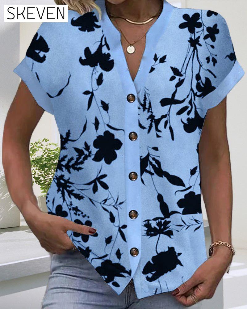 Casual Printed V-Neck Short Sleeve Shirt