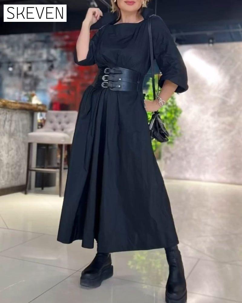 Elegant Square Neck Solid Color Dress Black 2023 f/w 23BF casual dresses Clothes Dresses spring