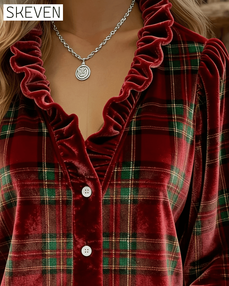 Ruffled V-Neck Velvet Top