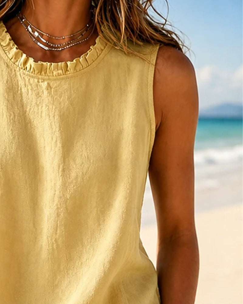 Solid Color Sleeveless Round Neck Lace Tank Top