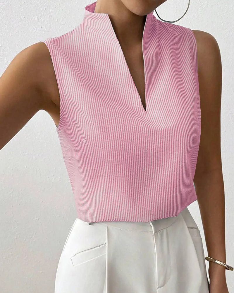 Sleeveless V-Neck Striped Blouse